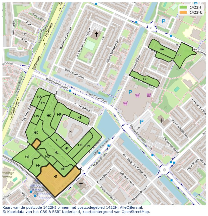 Afbeelding van het postcodegebied 1422 HJ op de kaart.