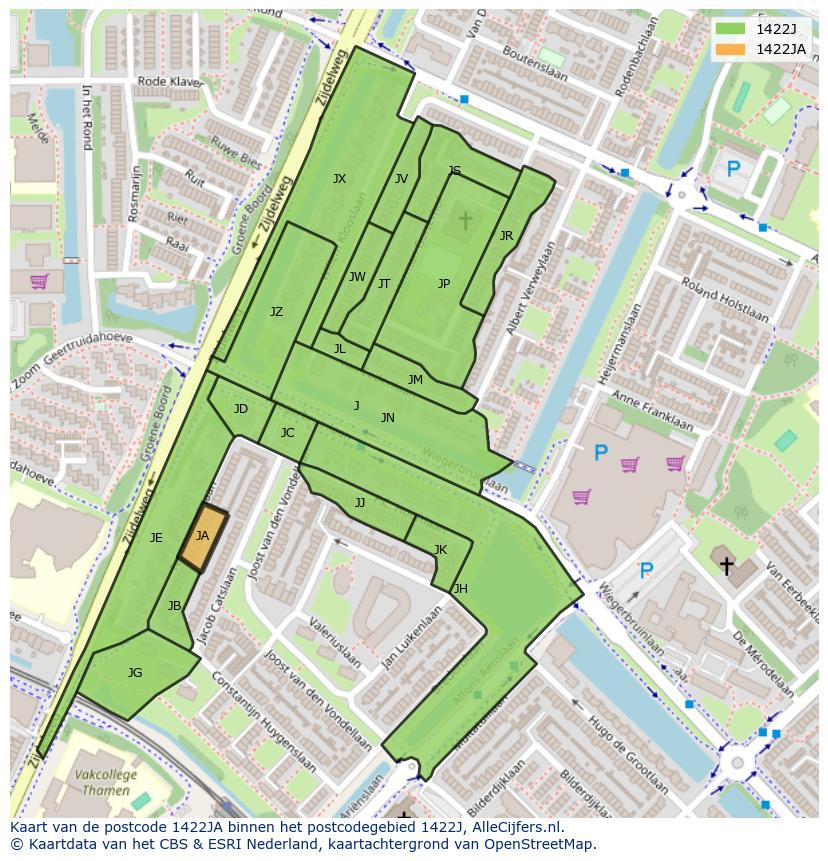Afbeelding van het postcodegebied 1422 JA op de kaart.