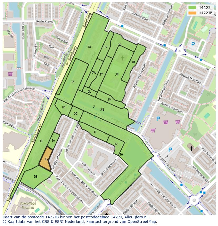 Afbeelding van het postcodegebied 1422 JB op de kaart.