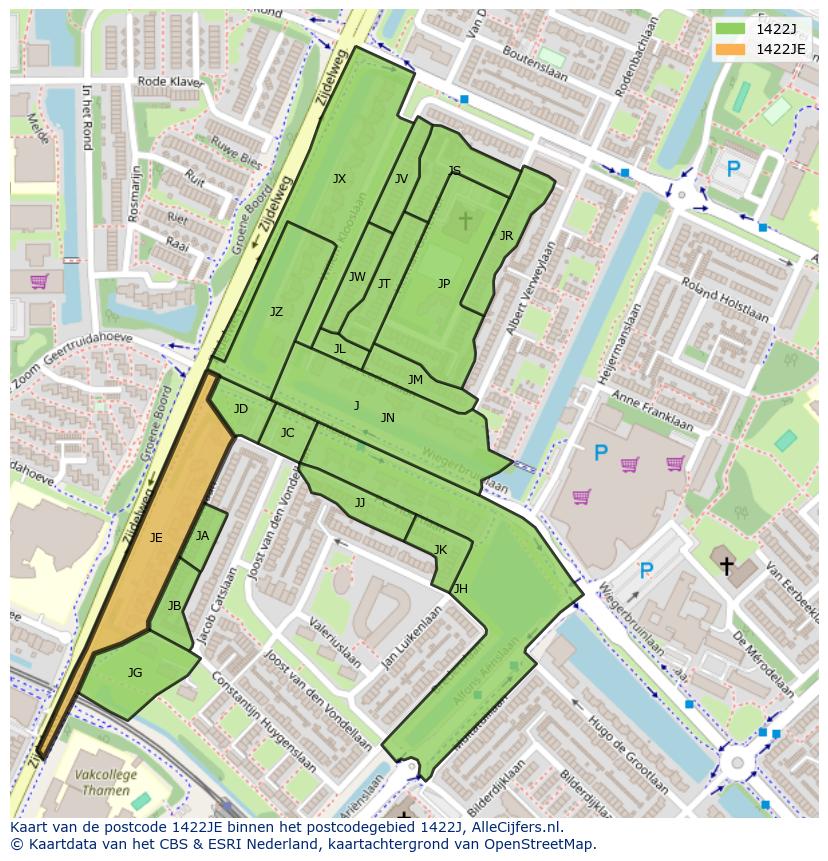 Afbeelding van het postcodegebied 1422 JE op de kaart.