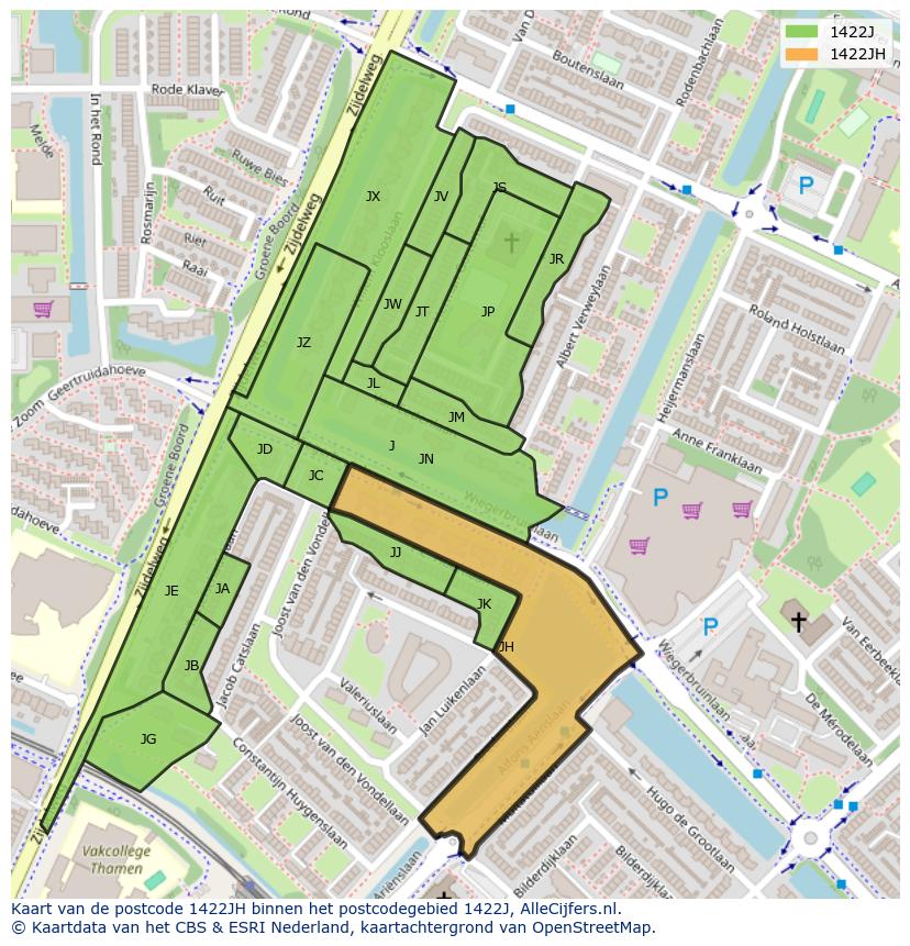 Afbeelding van het postcodegebied 1422 JH op de kaart.