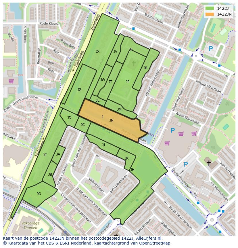Afbeelding van het postcodegebied 1422 JN op de kaart.