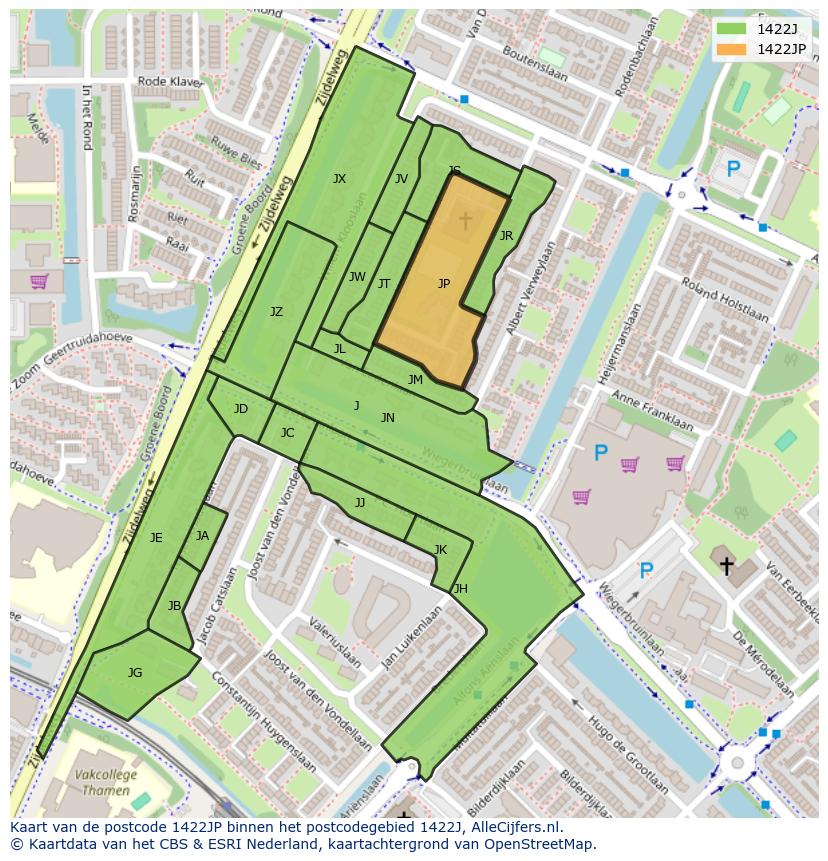 Afbeelding van het postcodegebied 1422 JP op de kaart.