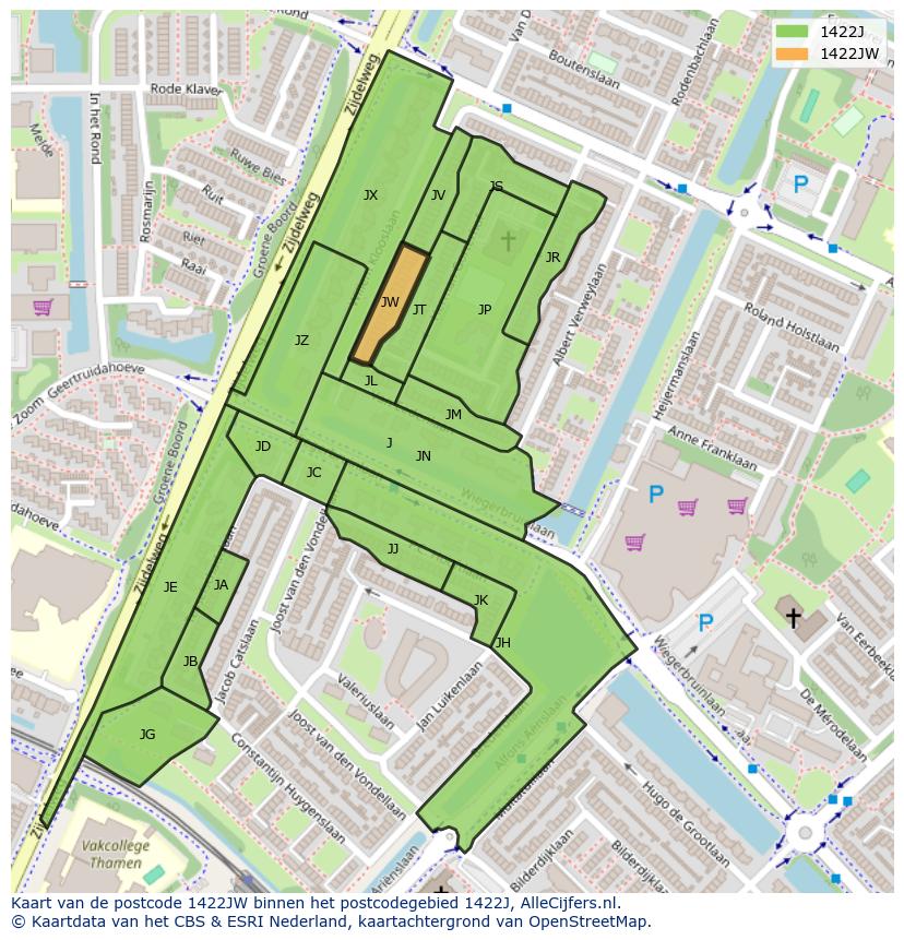 Afbeelding van het postcodegebied 1422 JW op de kaart.
