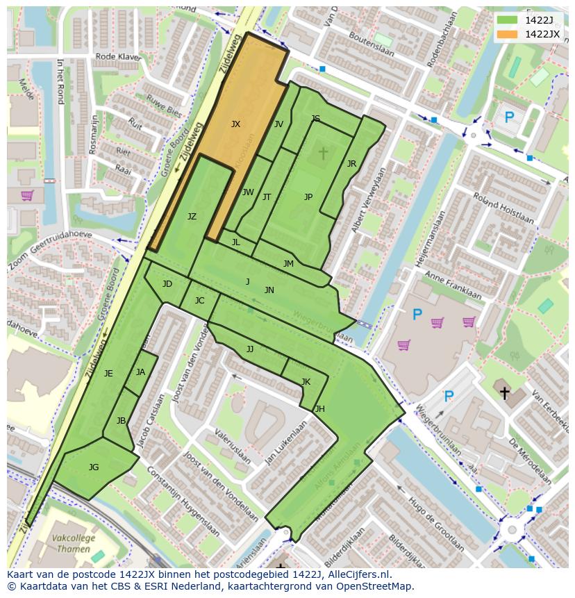 Afbeelding van het postcodegebied 1422 JX op de kaart.