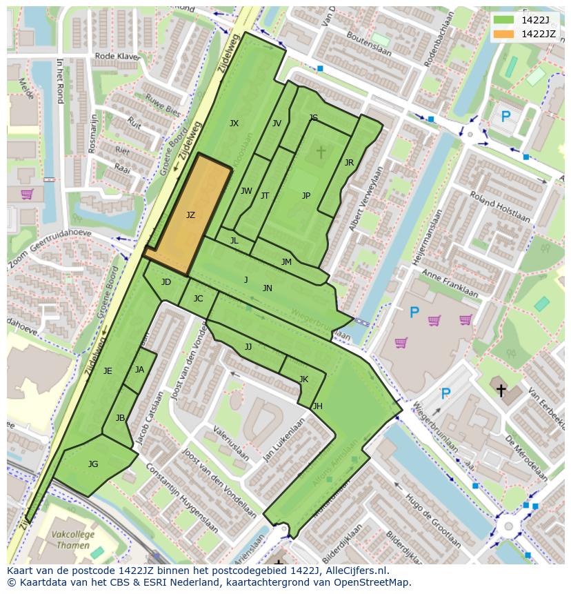 Afbeelding van het postcodegebied 1422 JZ op de kaart.