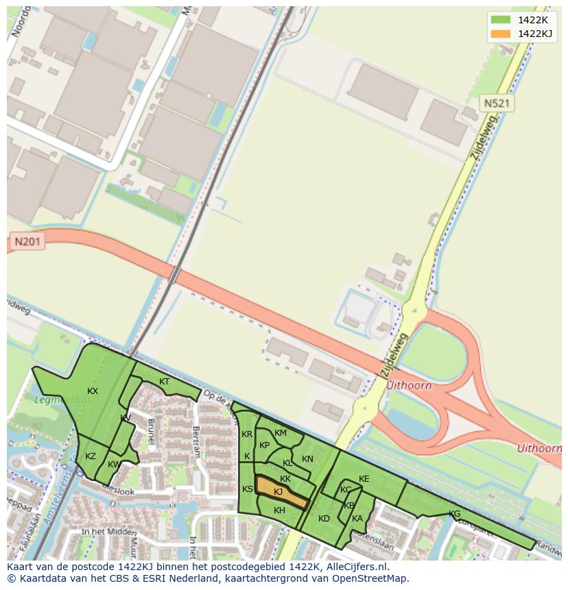 Afbeelding van het postcodegebied 1422 KJ op de kaart.