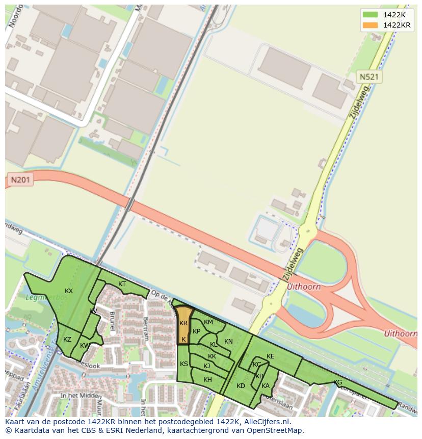 Afbeelding van het postcodegebied 1422 KR op de kaart.