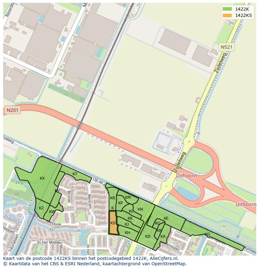 Afbeelding van het postcodegebied 1422 KS op de kaart.