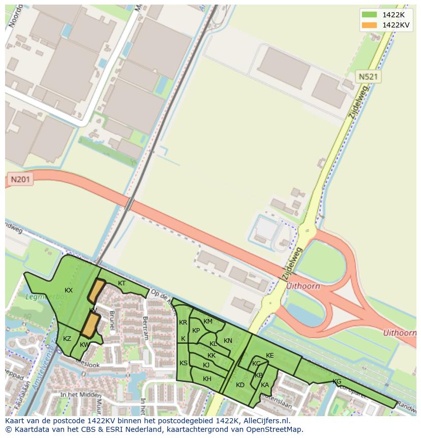 Afbeelding van het postcodegebied 1422 KV op de kaart.