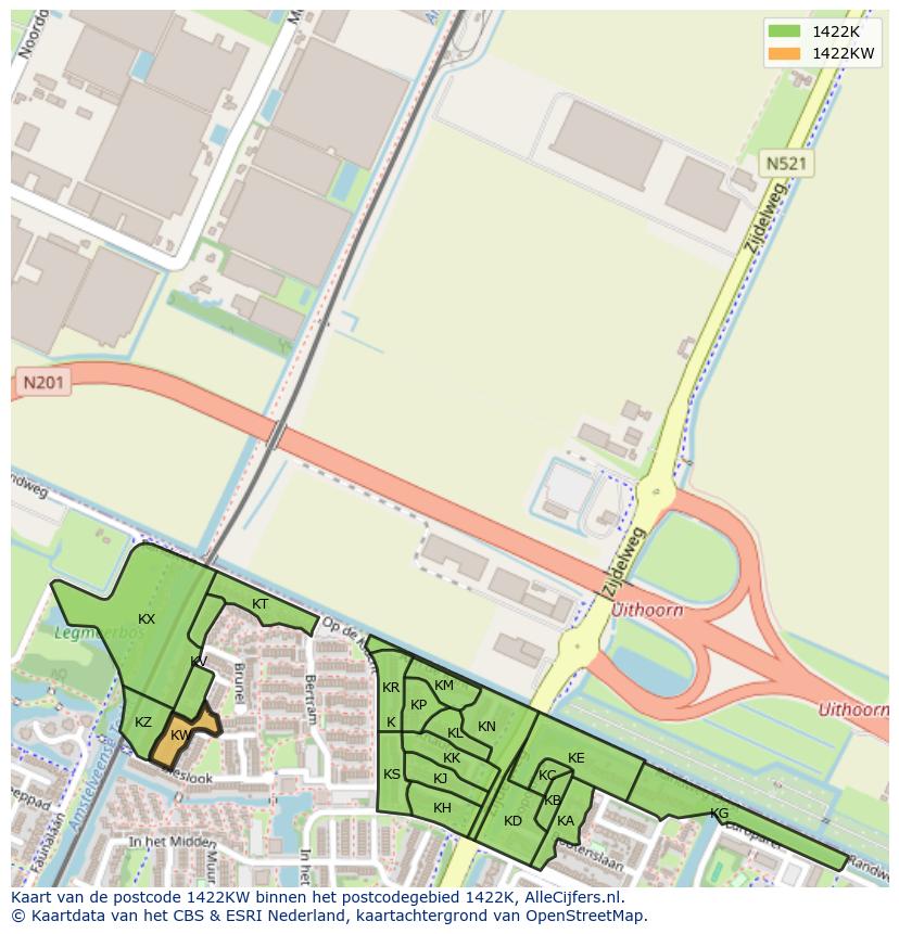 Afbeelding van het postcodegebied 1422 KW op de kaart.
