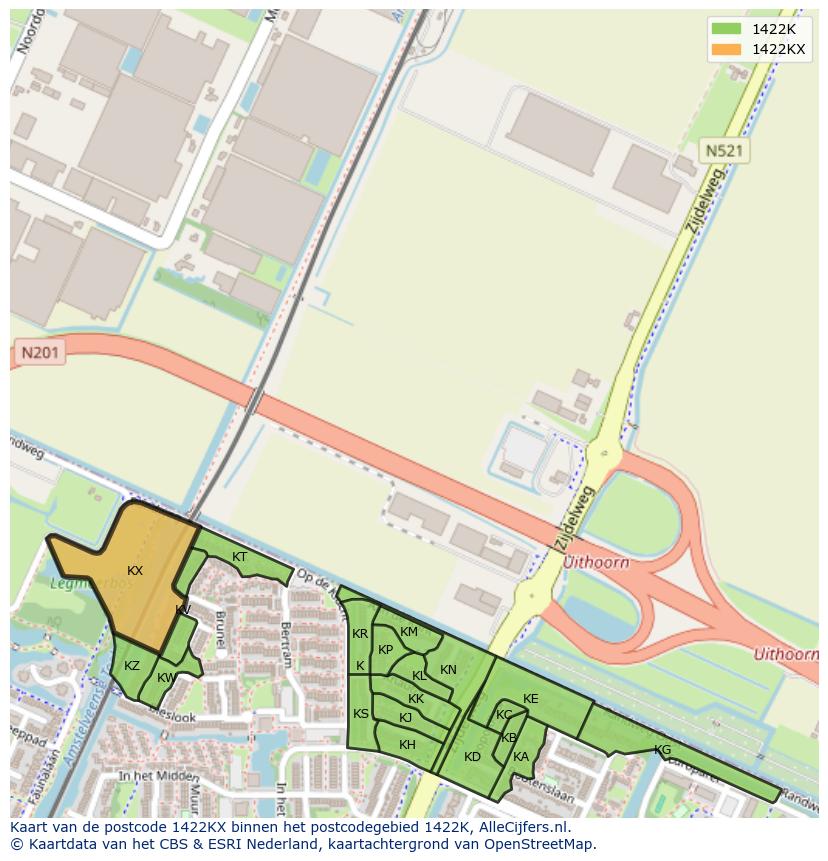 Afbeelding van het postcodegebied 1422 KX op de kaart.