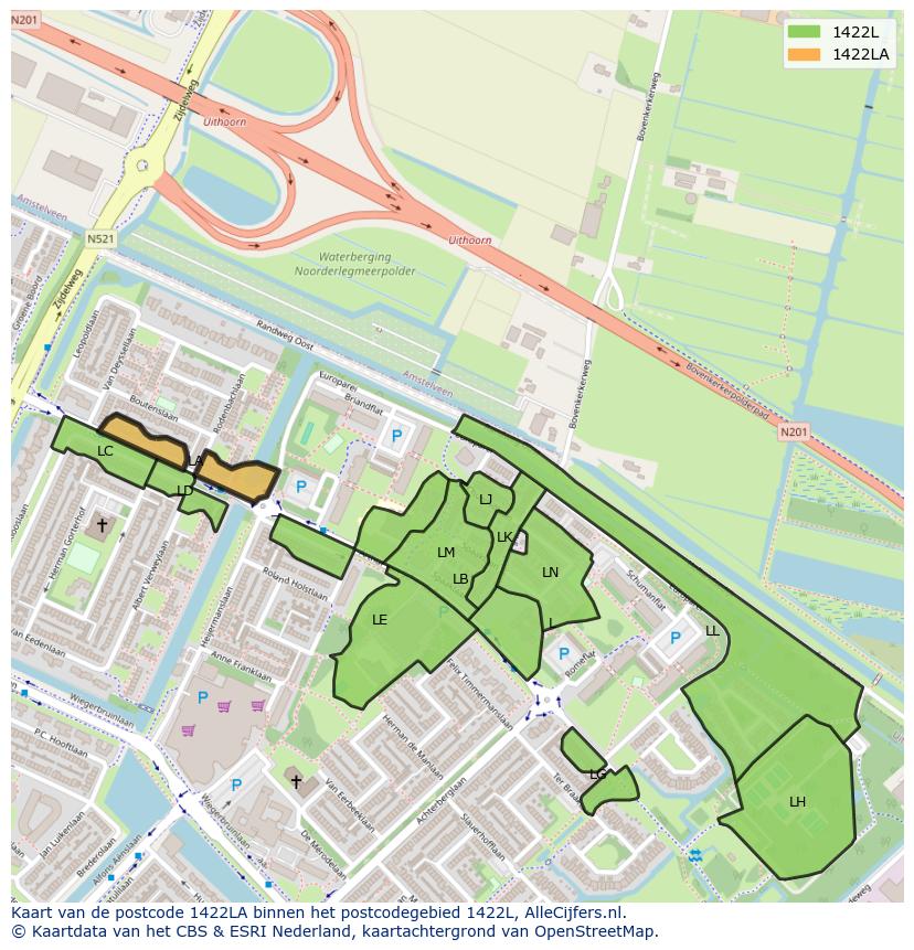 Afbeelding van het postcodegebied 1422 LA op de kaart.