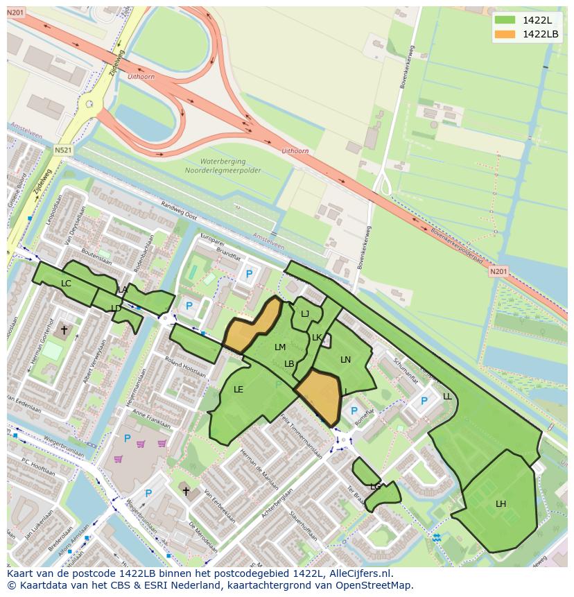 Afbeelding van het postcodegebied 1422 LB op de kaart.