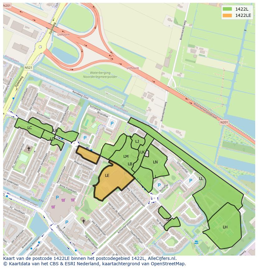 Afbeelding van het postcodegebied 1422 LE op de kaart.