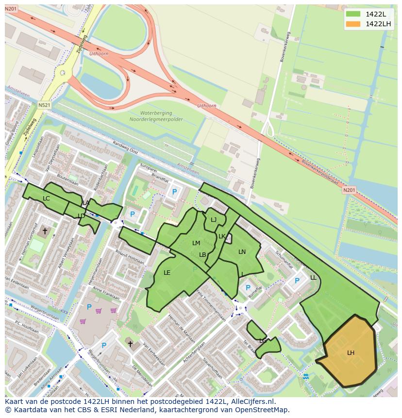 Afbeelding van het postcodegebied 1422 LH op de kaart.