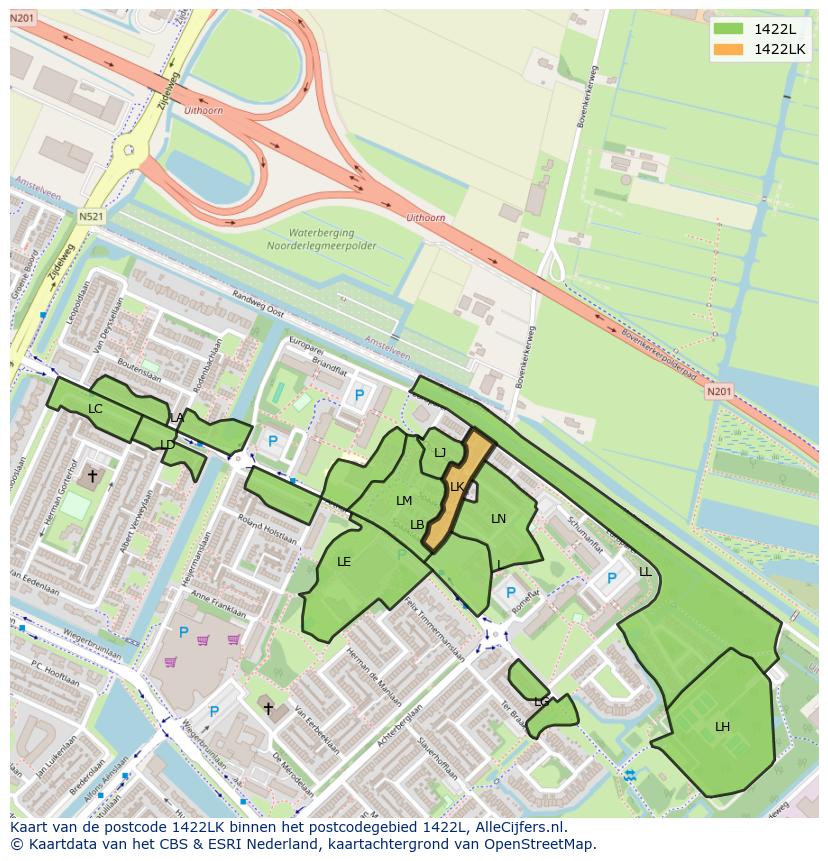 Afbeelding van het postcodegebied 1422 LK op de kaart.
