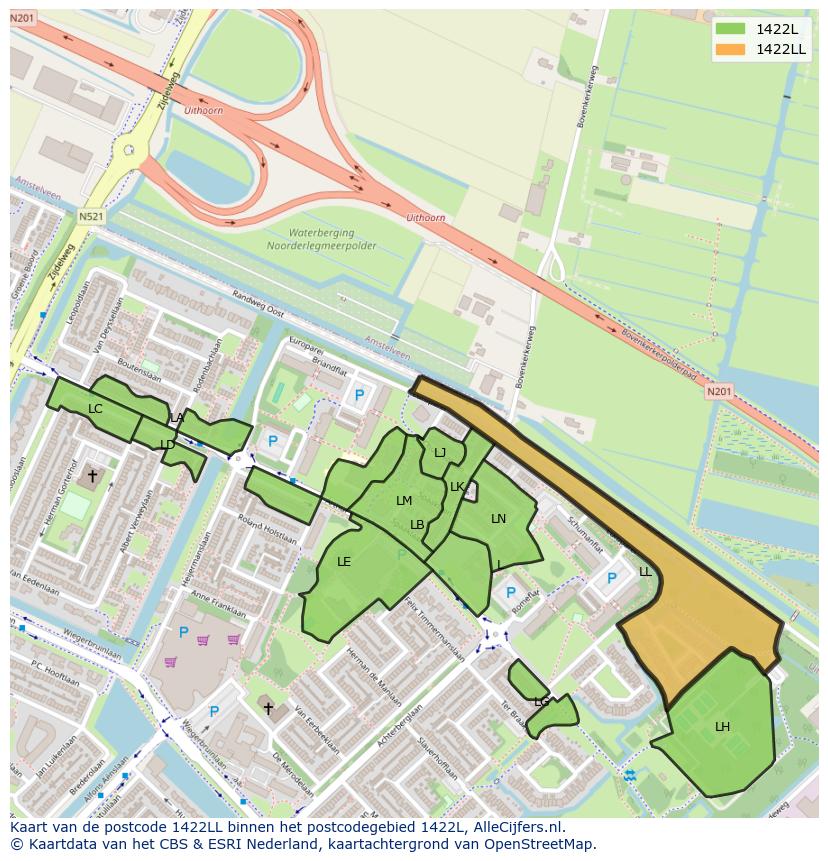 Afbeelding van het postcodegebied 1422 LL op de kaart.