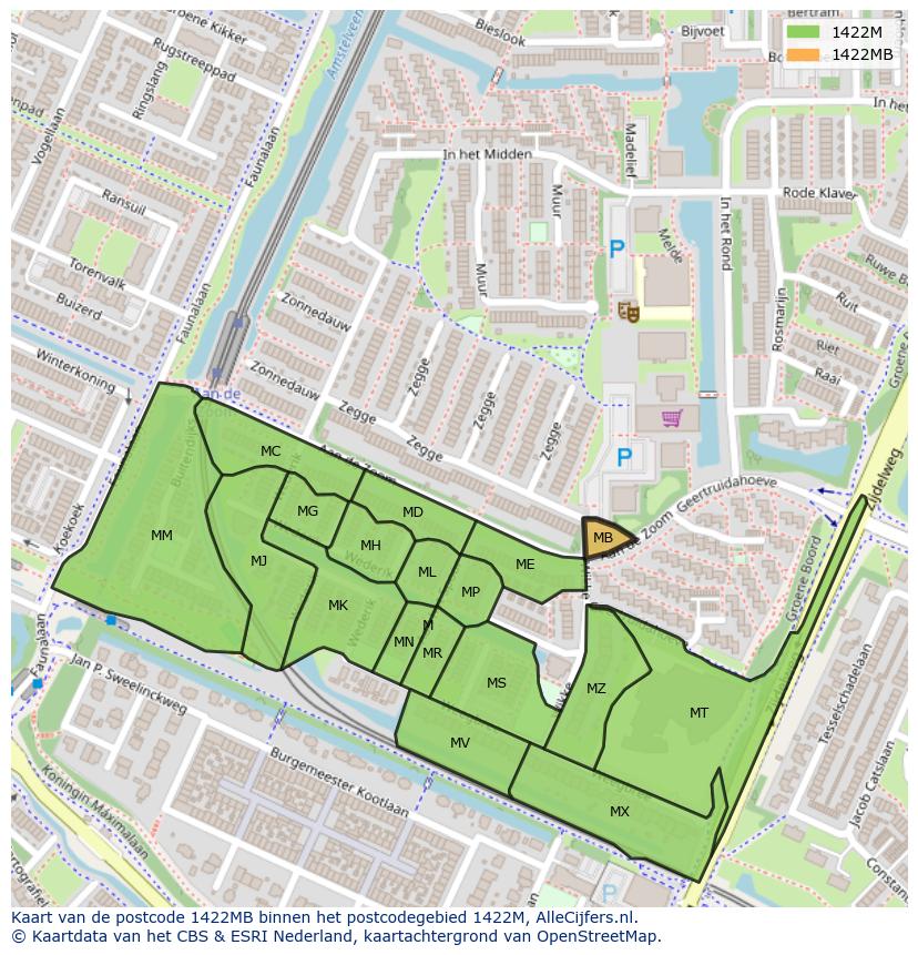Afbeelding van het postcodegebied 1422 MB op de kaart.