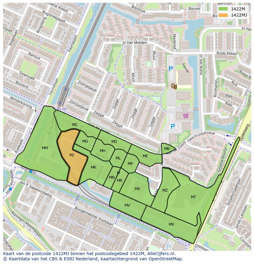 Afbeelding van het postcodegebied 1422 MJ op de kaart.