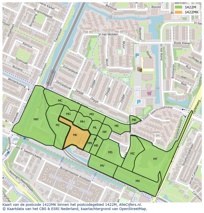 Afbeelding van het postcodegebied 1422 MK op de kaart.
