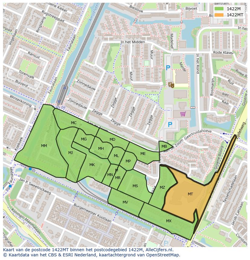 Afbeelding van het postcodegebied 1422 MT op de kaart.
