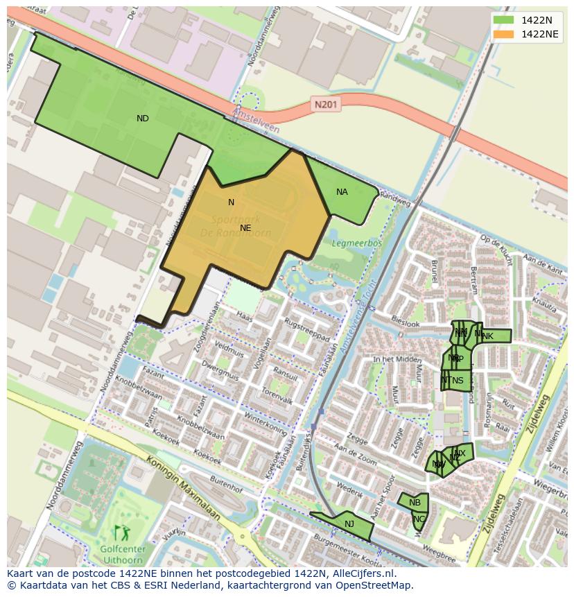 Afbeelding van het postcodegebied 1422 NE op de kaart.