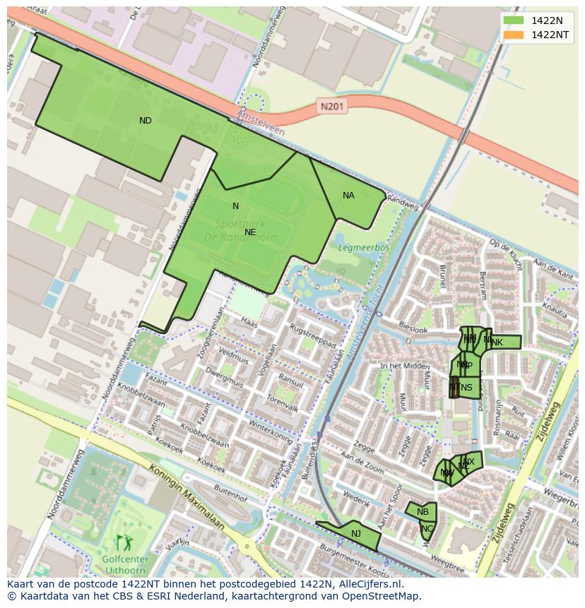 Afbeelding van het postcodegebied 1422 NT op de kaart.