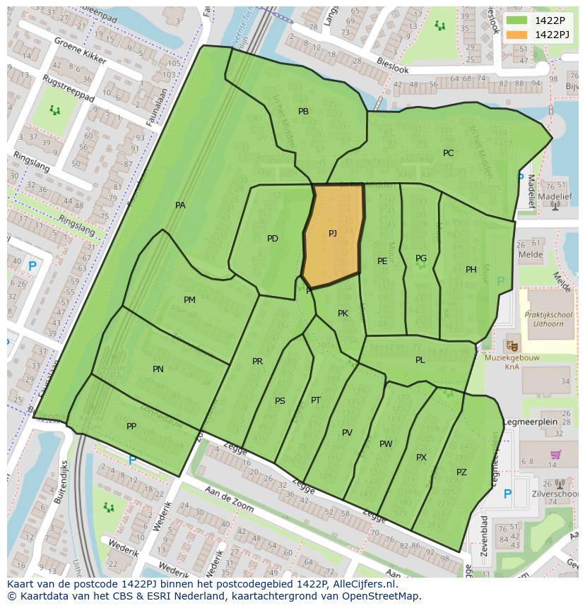 Afbeelding van het postcodegebied 1422 PJ op de kaart.