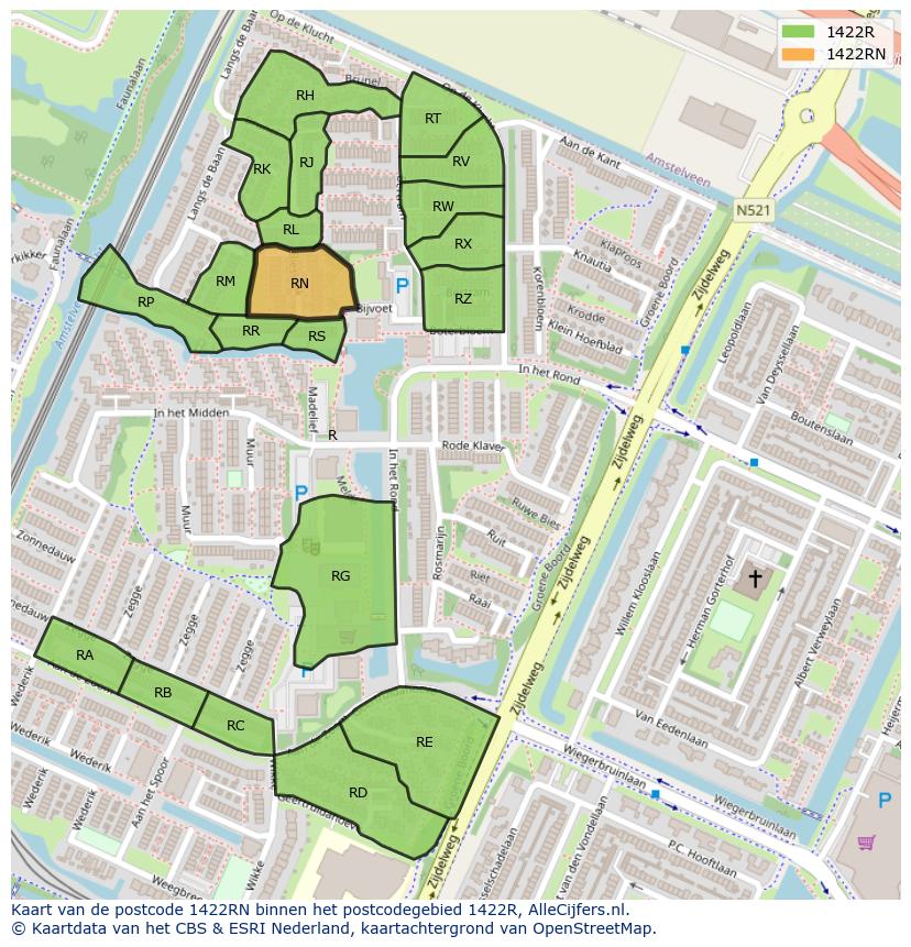 Afbeelding van het postcodegebied 1422 RN op de kaart.