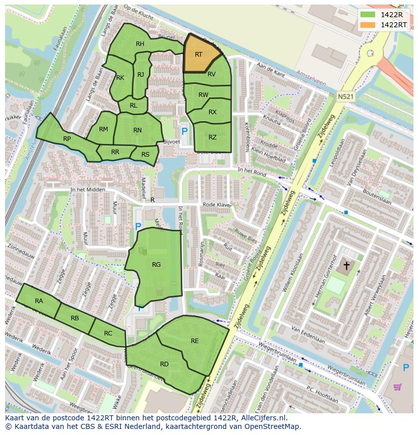 Afbeelding van het postcodegebied 1422 RT op de kaart.
