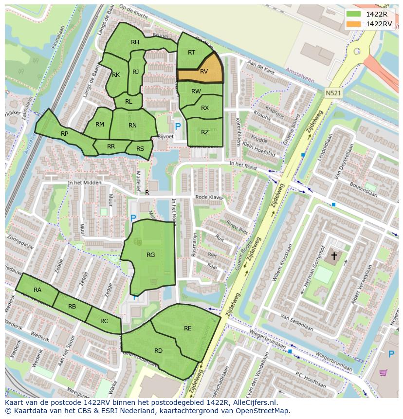 Afbeelding van het postcodegebied 1422 RV op de kaart.