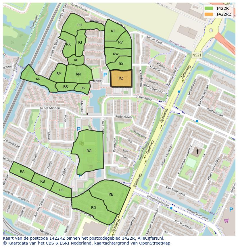 Afbeelding van het postcodegebied 1422 RZ op de kaart.
