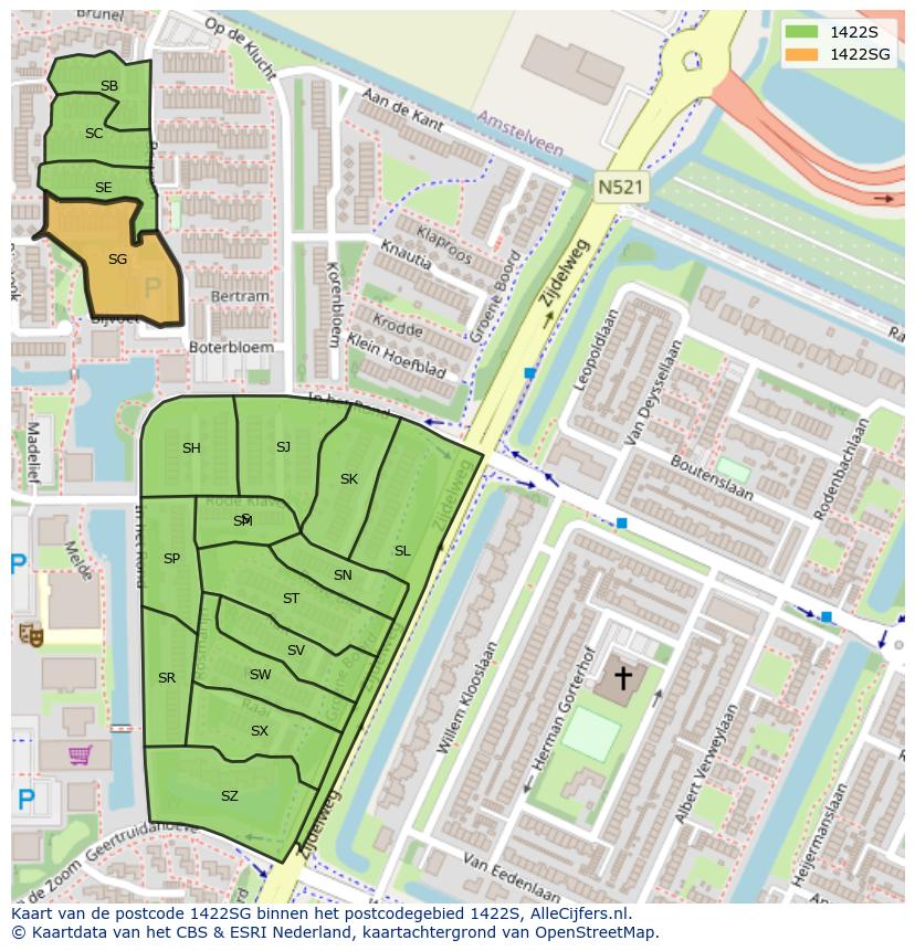 Afbeelding van het postcodegebied 1422 SG op de kaart.