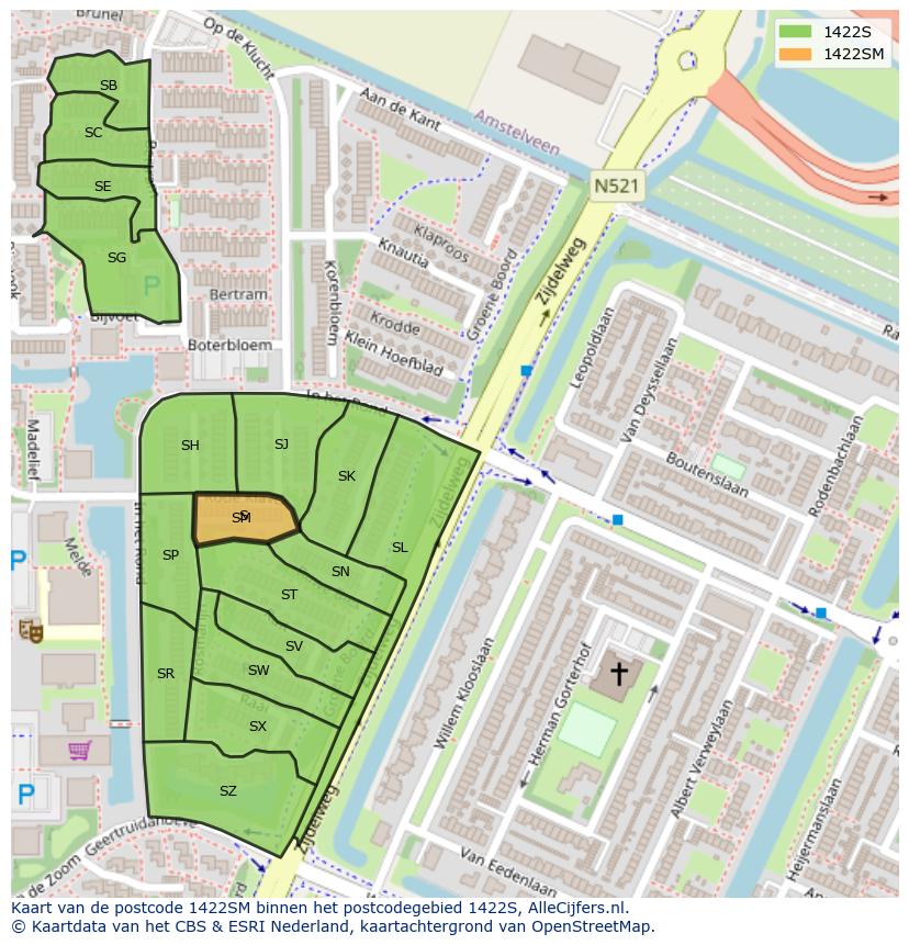 Afbeelding van het postcodegebied 1422 SM op de kaart.