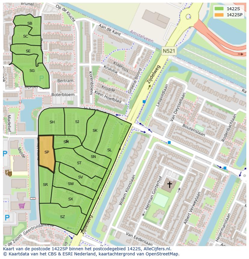 Afbeelding van het postcodegebied 1422 SP op de kaart.