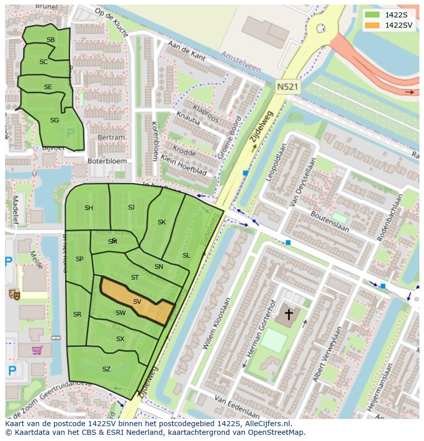 Afbeelding van het postcodegebied 1422 SV op de kaart.