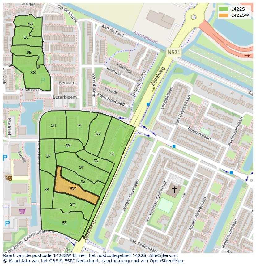 Afbeelding van het postcodegebied 1422 SW op de kaart.
