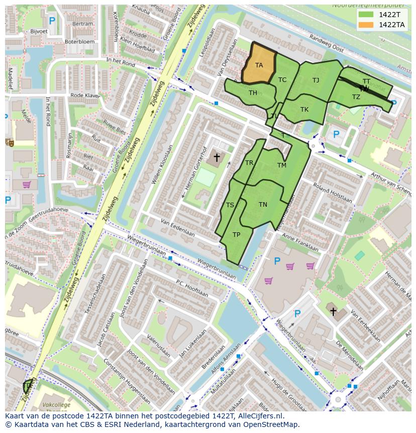 Afbeelding van het postcodegebied 1422 TA op de kaart.