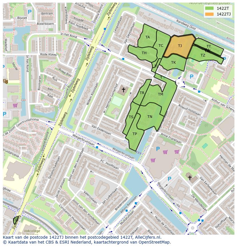 Afbeelding van het postcodegebied 1422 TJ op de kaart.