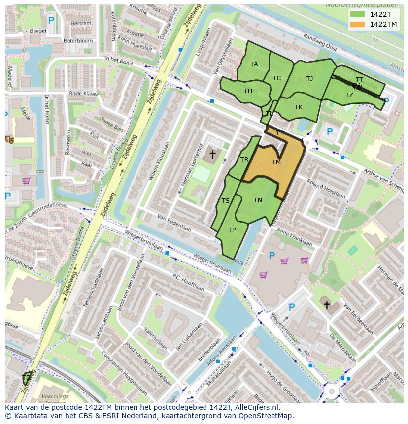 Afbeelding van het postcodegebied 1422 TM op de kaart.