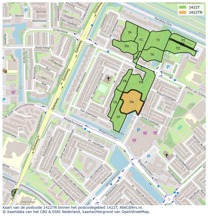 Afbeelding van het postcodegebied 1422 TN op de kaart.