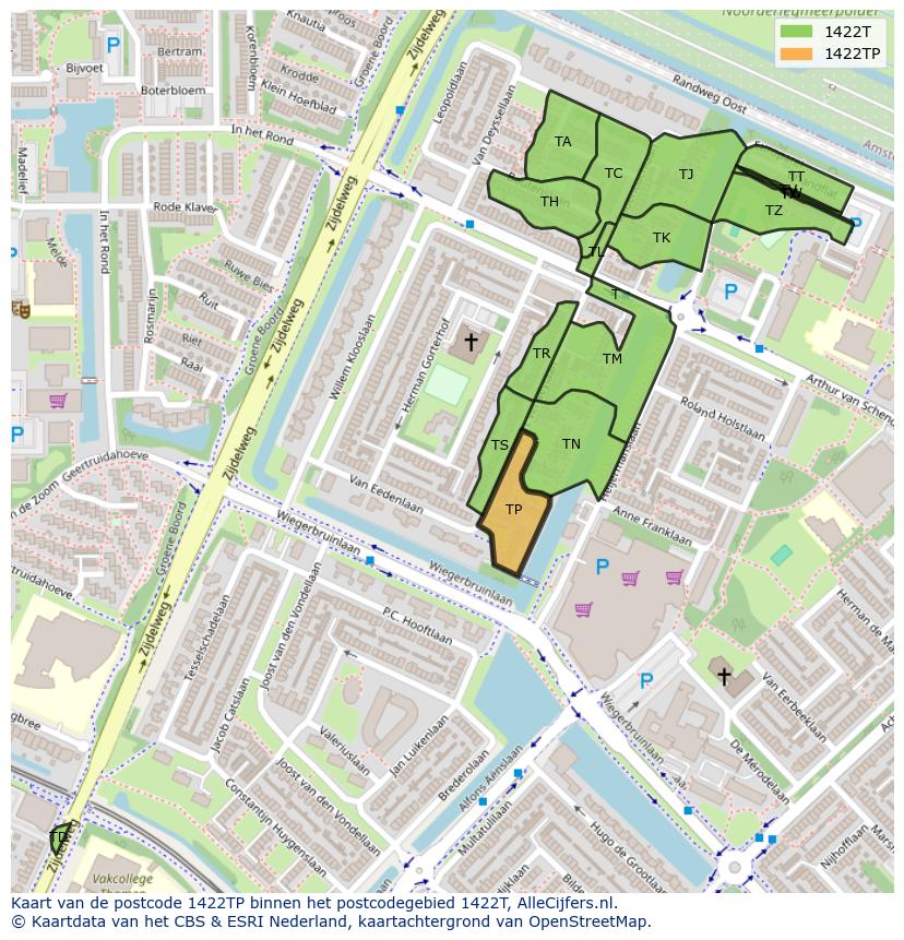 Afbeelding van het postcodegebied 1422 TP op de kaart.