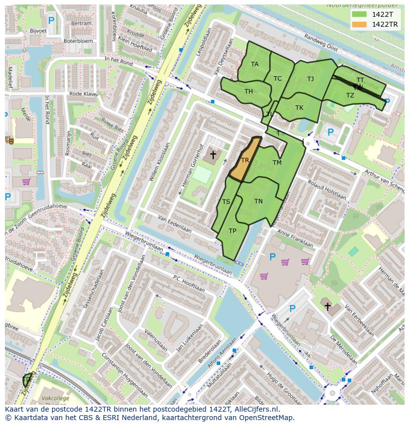 Afbeelding van het postcodegebied 1422 TR op de kaart.