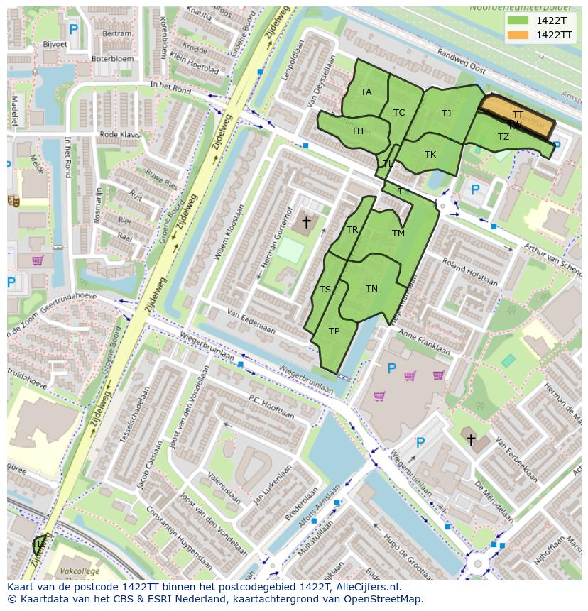 Afbeelding van het postcodegebied 1422 TT op de kaart.
