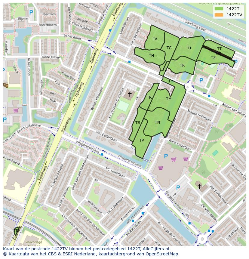 Afbeelding van het postcodegebied 1422 TV op de kaart.
