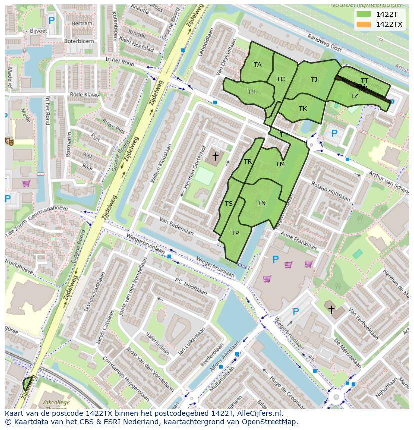 Afbeelding van het postcodegebied 1422 TX op de kaart.