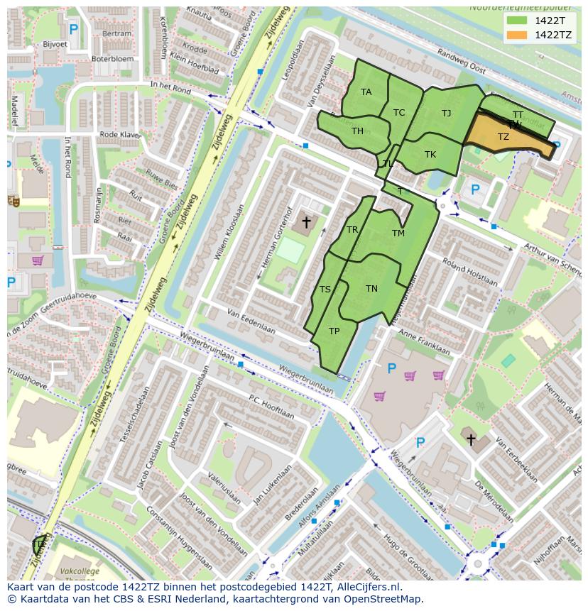Afbeelding van het postcodegebied 1422 TZ op de kaart.