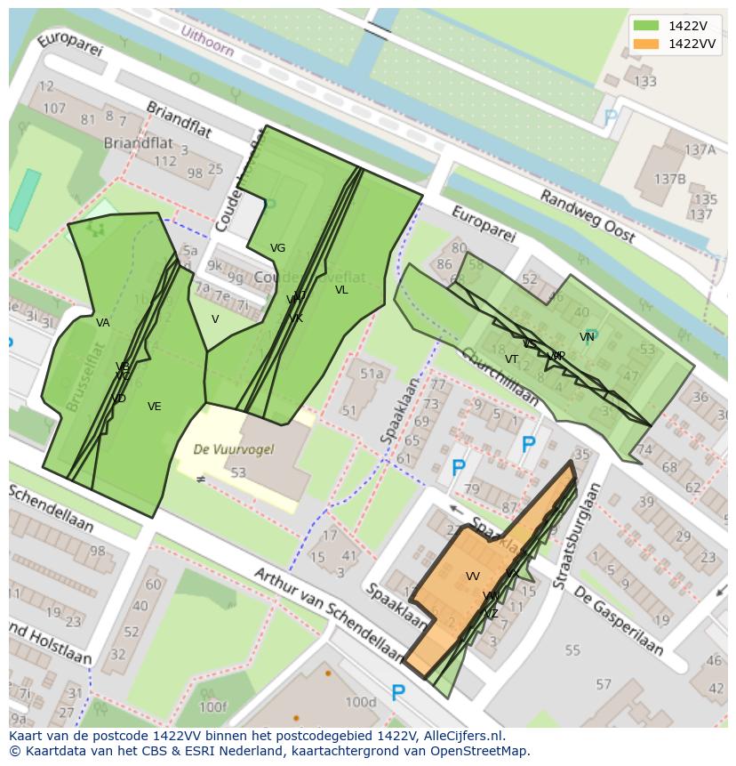 Afbeelding van het postcodegebied 1422 VV op de kaart.