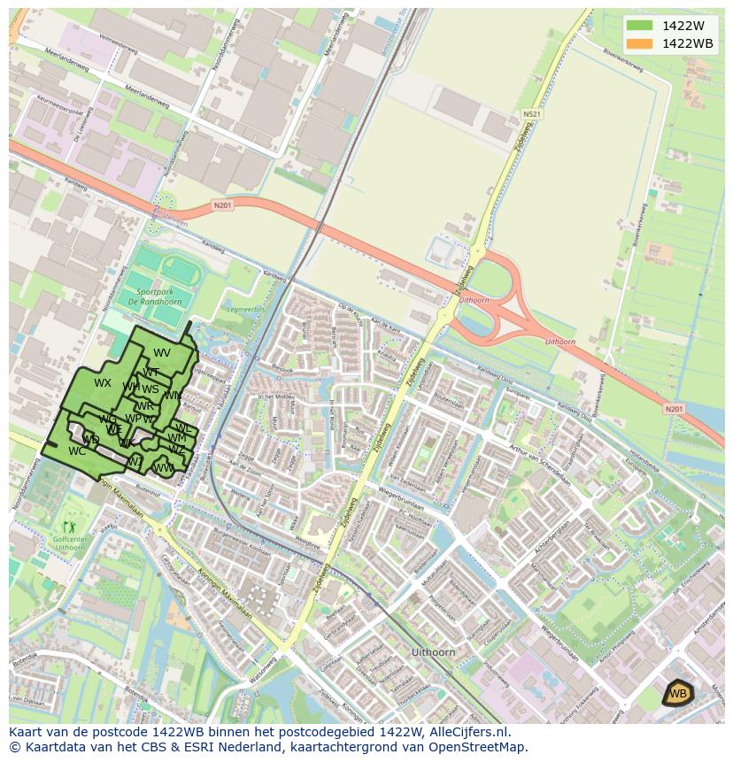 Afbeelding van het postcodegebied 1422 WB op de kaart.